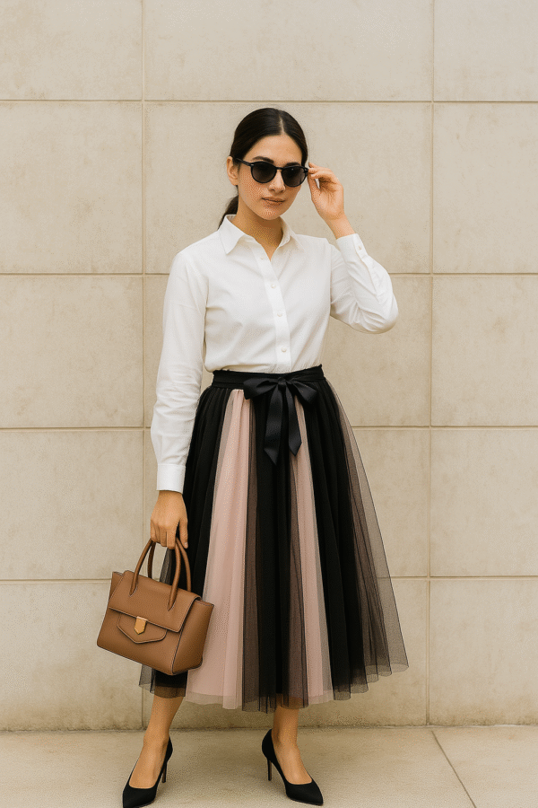 Elegant pink and black contrast pleated tulle midi skirt with satin waist tie