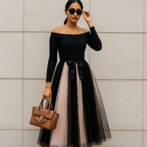 Elegant pink and black contrast pleated tulle midi skirt with satin waist tie