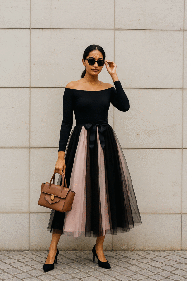 Elegant pink and black contrast pleated tulle midi skirt with satin waist tie