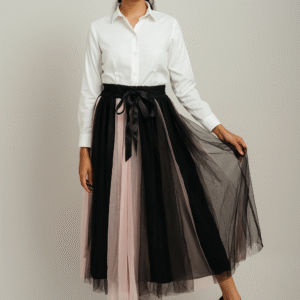 Elegant pink and black contrast pleated tulle midi skirt with satin waist tie