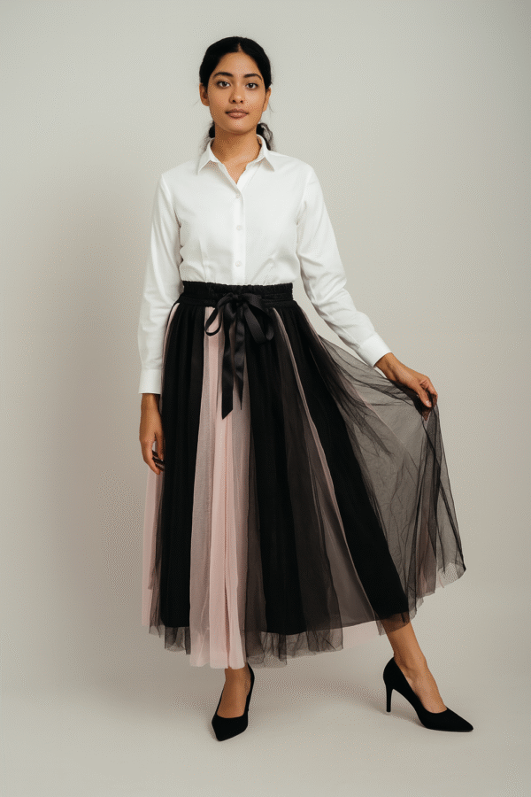 Elegant pink and black contrast pleated tulle midi skirt with satin waist tie