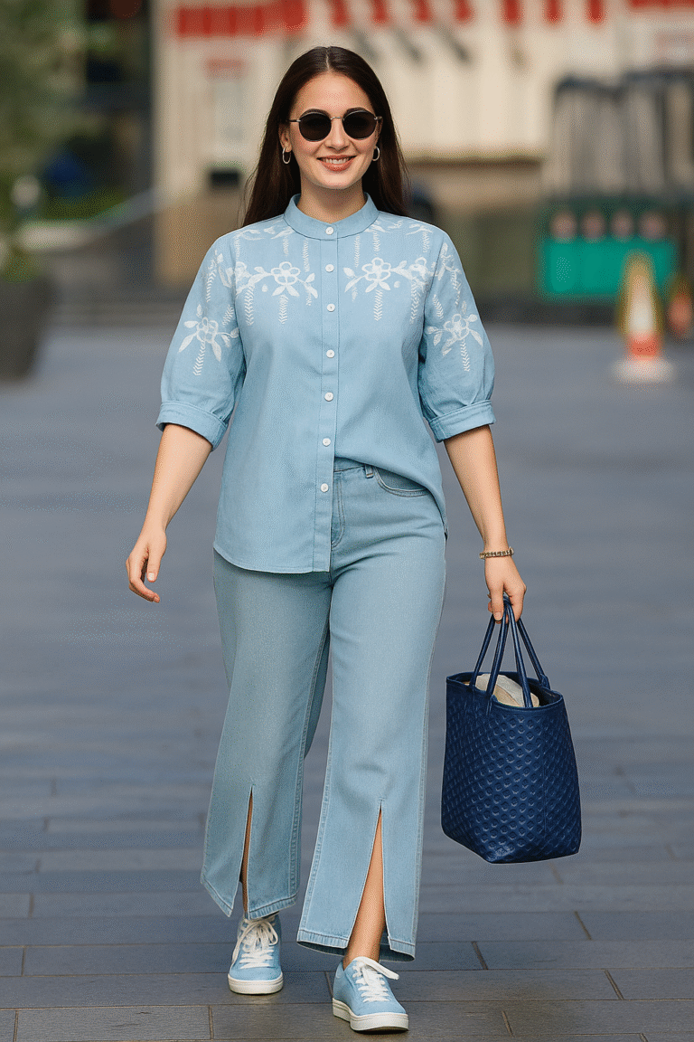 Woman wearing powder blue embroidered cotton denim shirt with mandarin collar