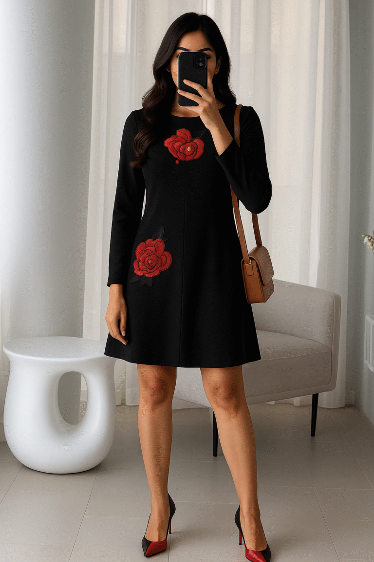 Woman wearing black A-line dress with red floral embroidery and black-red heels