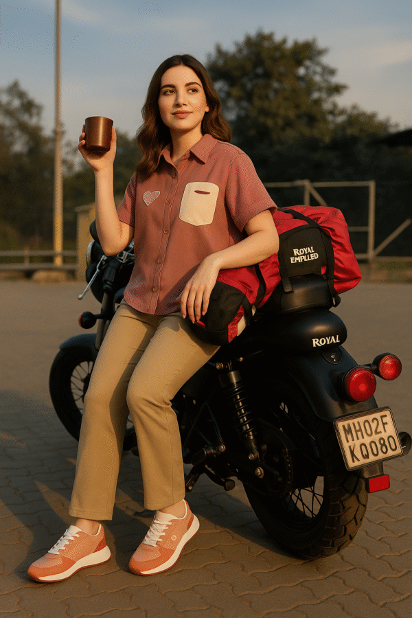 Young woman wearing a mauve short-sleeved shirt with heart embroidery and contrast pocket