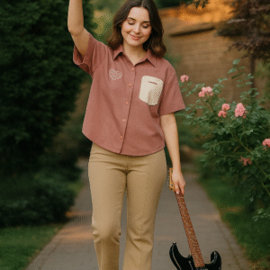 Young woman wearing a mauve short-sleeved shirt with heart embroidery and contrast pocket