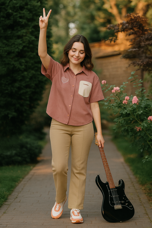 Young woman wearing a mauve short-sleeved shirt with heart embroidery and contrast pocket