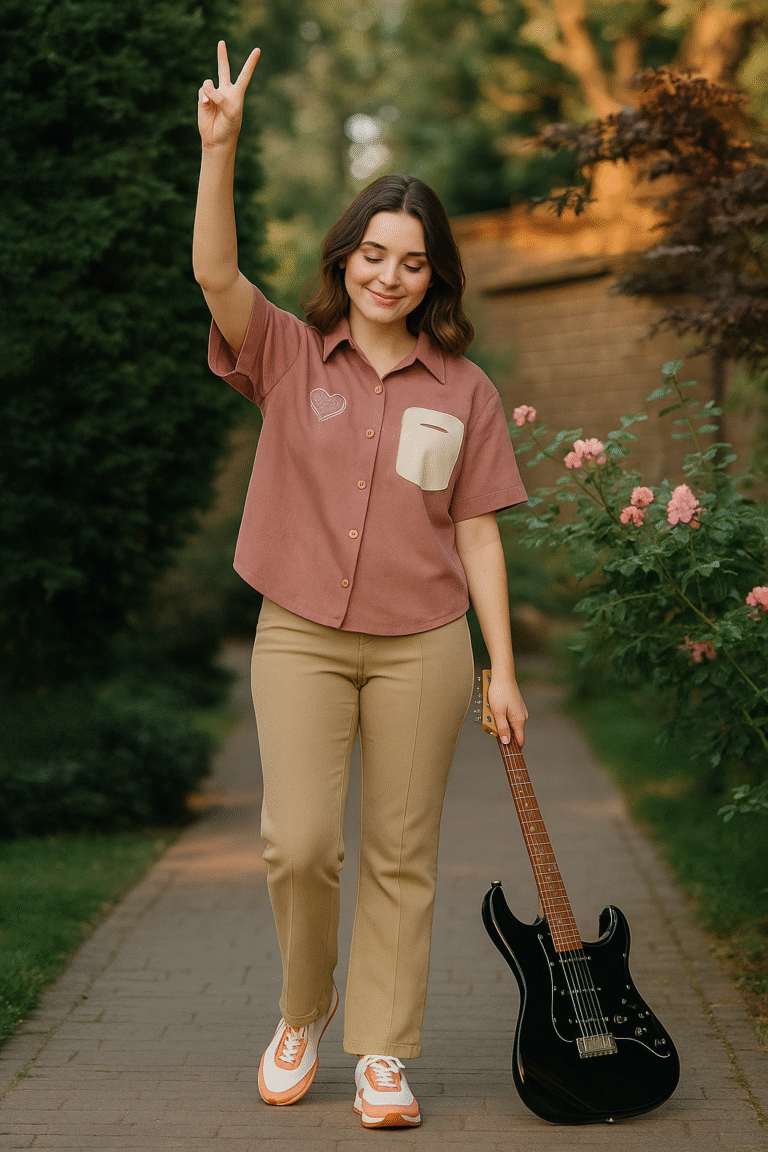 Young woman wearing a mauve short-sleeved shirt with heart embroidery and contrast pocket
