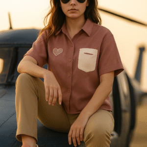 Young woman wearing a mauve short-sleeved shirt with heart embroidery and contrast pocket