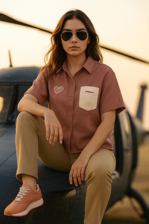 Young woman wearing a mauve short-sleeved shirt with heart embroidery and contrast pocket
