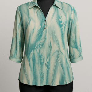 Seafoam green printed women’s top with collar and button placket