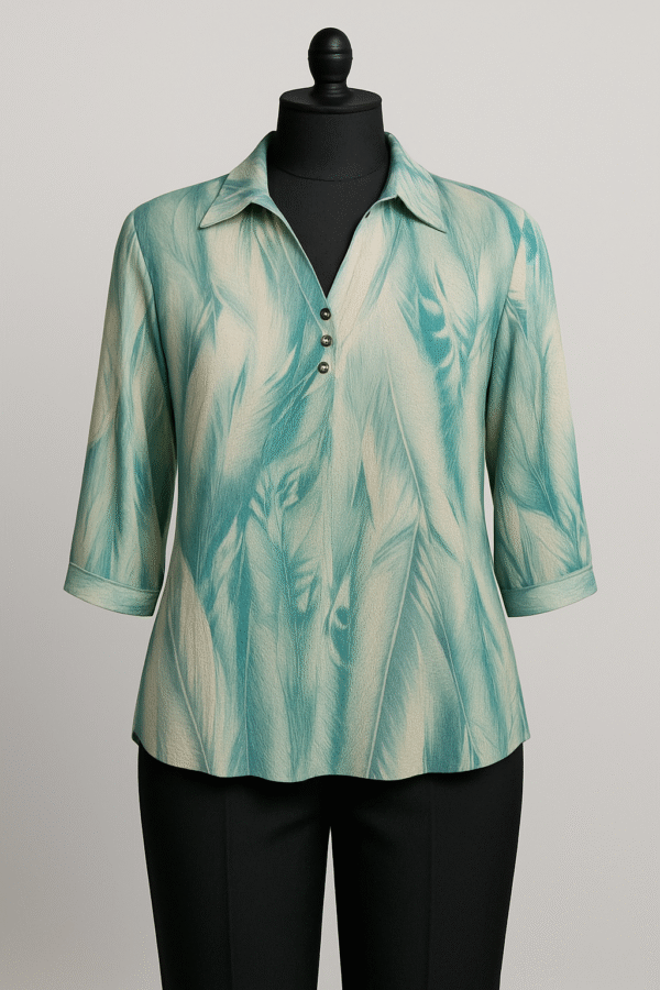 Seafoam green printed women’s top with collar and button placket