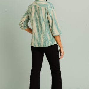 Seafoam green printed women’s top with collar and button placket