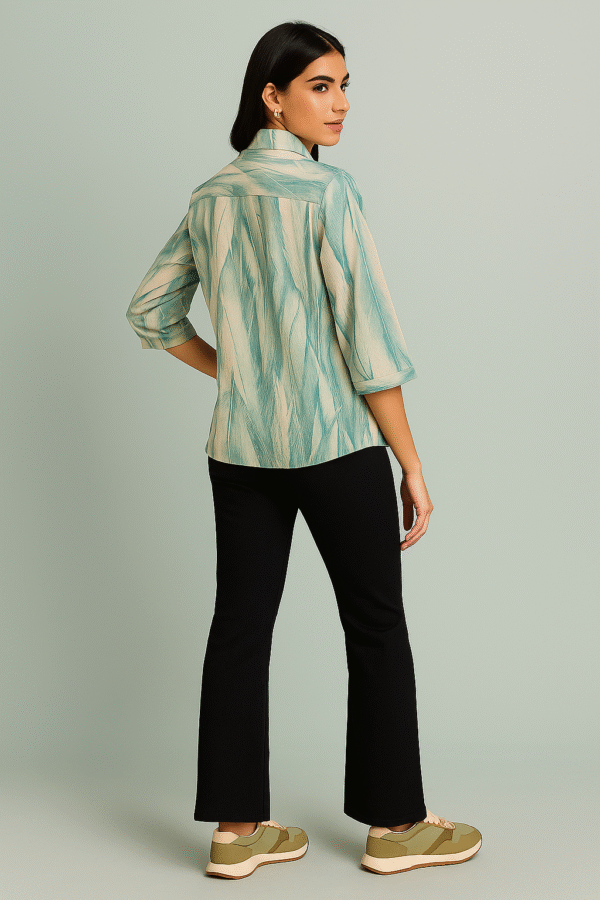 Seafoam green printed women’s top with collar and button placket