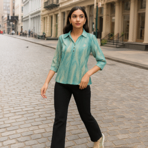 Seafoam green printed women’s top with collar and button placket