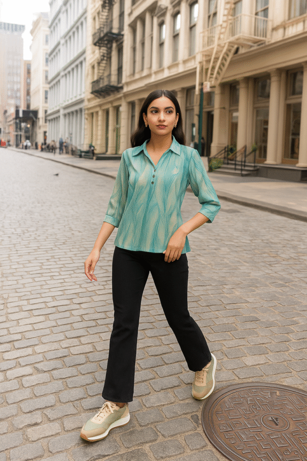 Seafoam green printed women’s top with collar and button placket