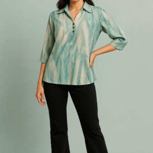 Seafoam green printed women’s top with collar and button placket