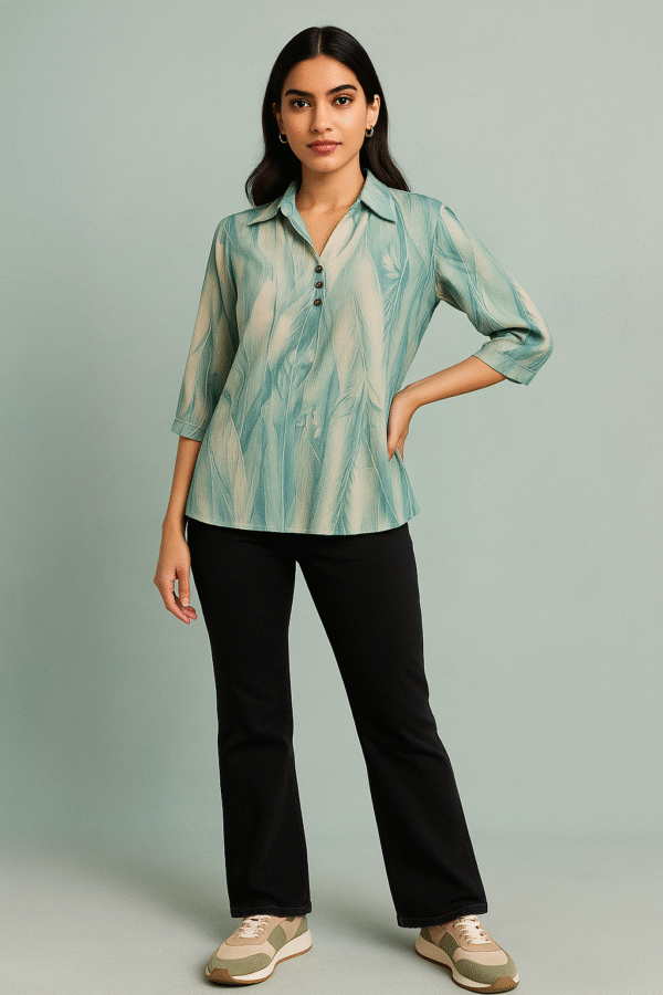 Seafoam green printed women’s top with collar and button placket
