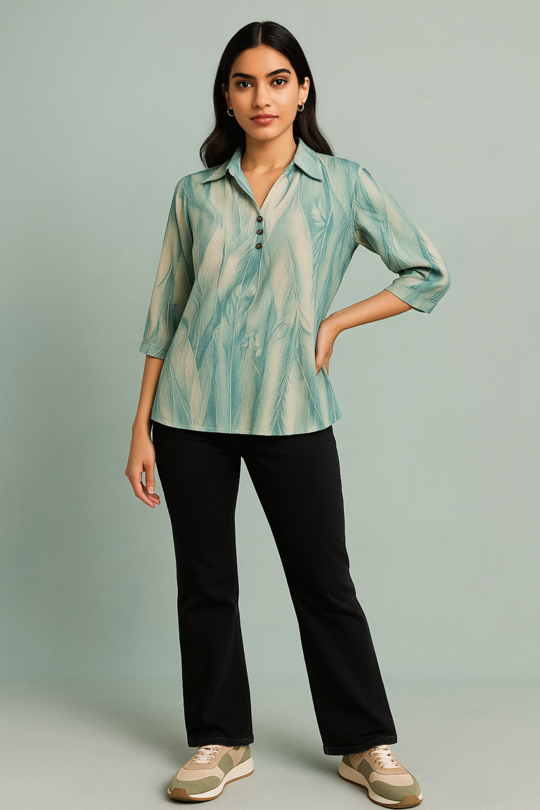 Seafoam green printed women’s top with collar and button placket
