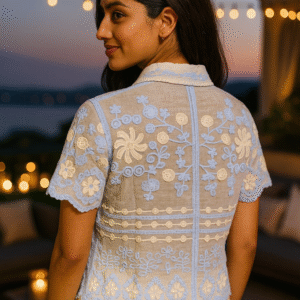 Woman wearing a sky blue sheer embroidered floral shirt with scalloped hem