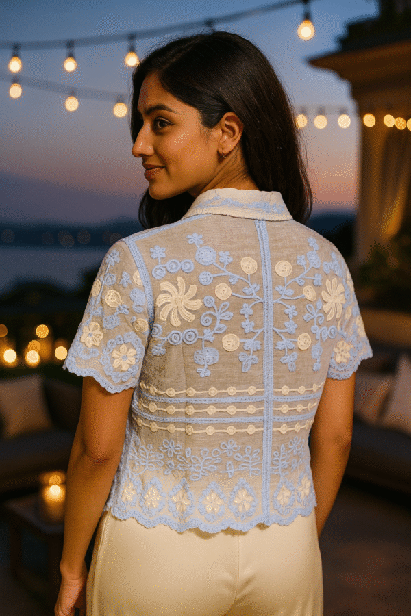 Woman wearing a sky blue sheer embroidered floral shirt with scalloped hem