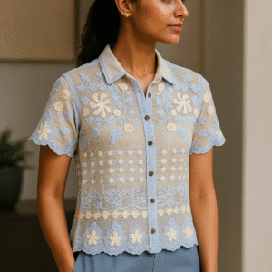 Woman wearing a sky blue sheer embroidered floral shirt with scalloped hem
