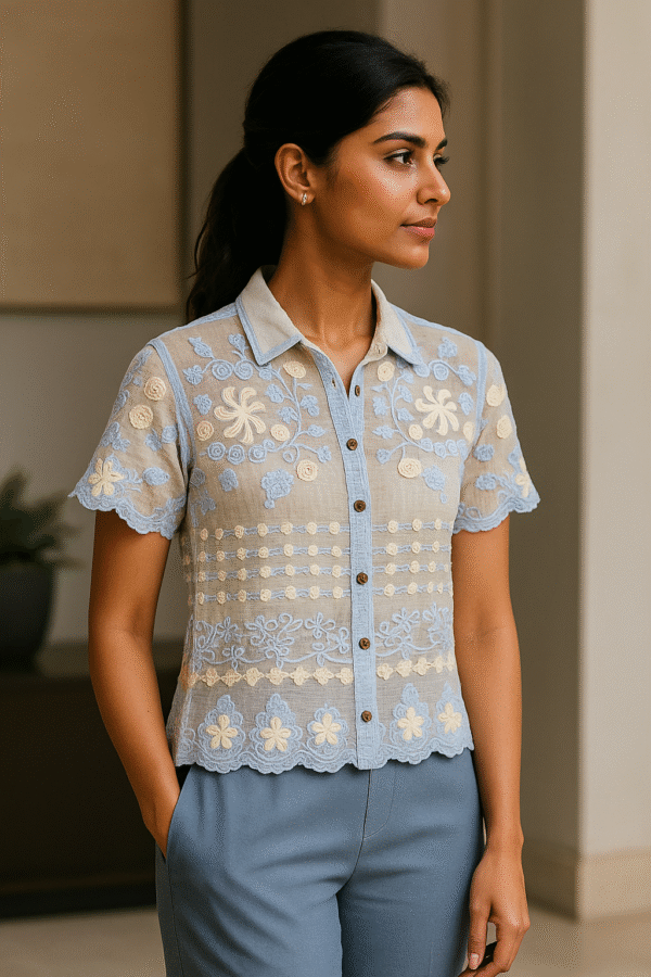 Woman wearing a sky blue sheer embroidered floral shirt with scalloped hem