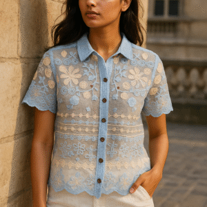 Woman wearing a sky blue sheer embroidered floral shirt with scalloped hem
