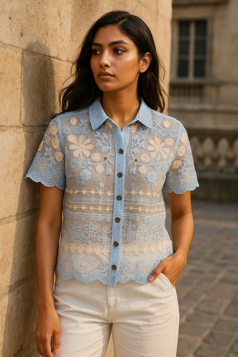 Woman wearing a sky blue sheer embroidered floral shirt with scalloped hem