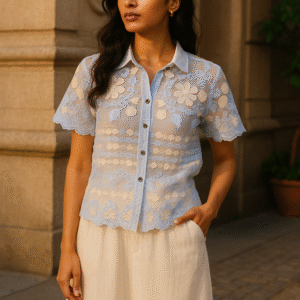 Woman wearing a sky blue sheer embroidered floral shirt with scalloped hem