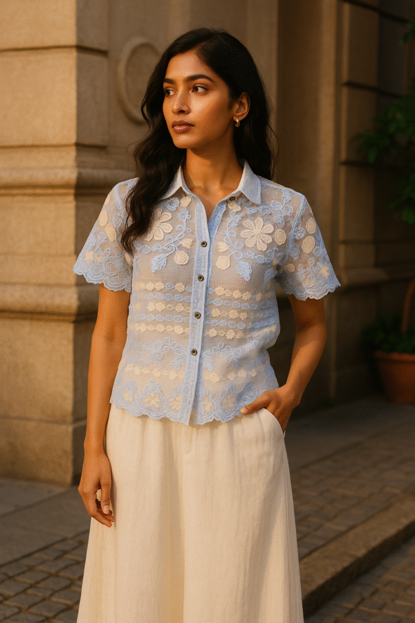 Woman wearing a sky blue sheer embroidered floral shirt with scalloped hem