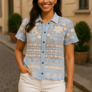 Woman wearing a sky blue sheer embroidered floral shirt with scalloped hem