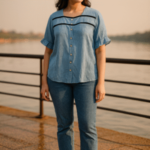 sky blue women’s shirt, ruffle sleeve button-down top, contrast piping women’s blouse, cotton blend casual shirt, blue summer shirt for women, short sleeve stylish women’s shirt, designer casual shirts online, blue ruffle blouse, lightweight women’s shirt, everyday chic women’s top