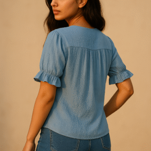 sky blue women’s shirt, ruffle sleeve button-down top, contrast piping women’s blouse, cotton blend casual shirt, blue summer shirt for women, short sleeve stylish women’s shirt, designer casual shirts online, blue ruffle blouse, lightweight women’s shirt, everyday chic women’s top