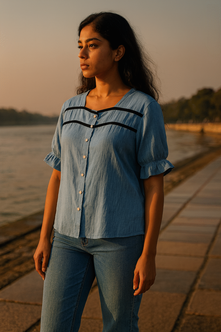 sky blue women’s shirt, ruffle sleeve button-down top, contrast piping women’s blouse, cotton blend casual shirt, blue summer shirt for women, short sleeve stylish women’s shirt, designer casual shirts online, blue ruffle blouse, lightweight women’s shirt, everyday chic women’s top