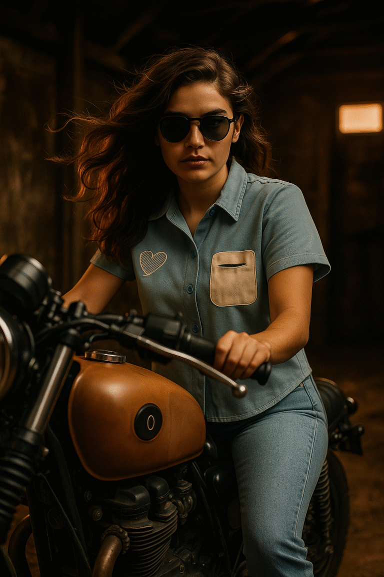 Woman in light blue short-sleeve shirt with heart detail and jeans