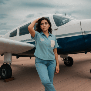 Woman in light blue short-sleeve shirt with heart detail and jeans