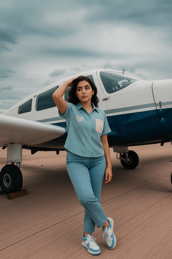 Woman in light blue short-sleeve shirt with heart detail and jeans