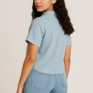Woman in light blue short-sleeve shirt with heart detail and jeans