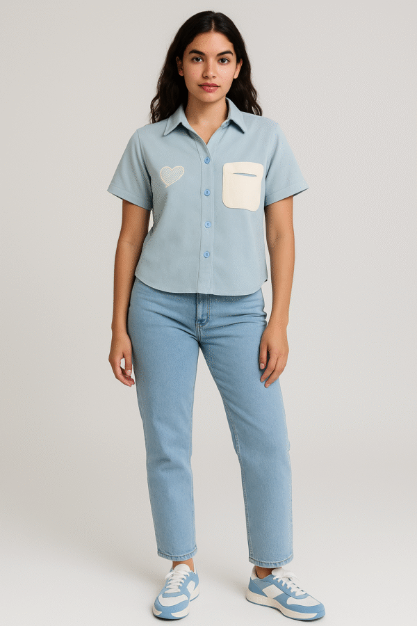Woman in light blue short-sleeve shirt with heart detail and jeans