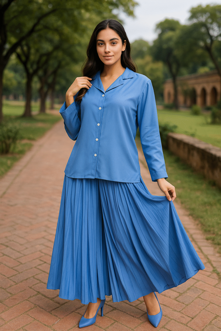 Greyish blue pleated co-ord set for women Slate blue women’s co-ord outfit Dusty blue pleated trouser and shirt set Elegant minimalist co-ord dress online Two-piece women’s pleated set Designer muted blue co-ord set Chic office wear co-ord for ladies Premium pleated co-ord set India