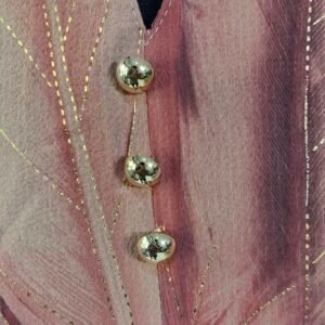 3/4 sleeve coral top with golden buttons and collared neckline