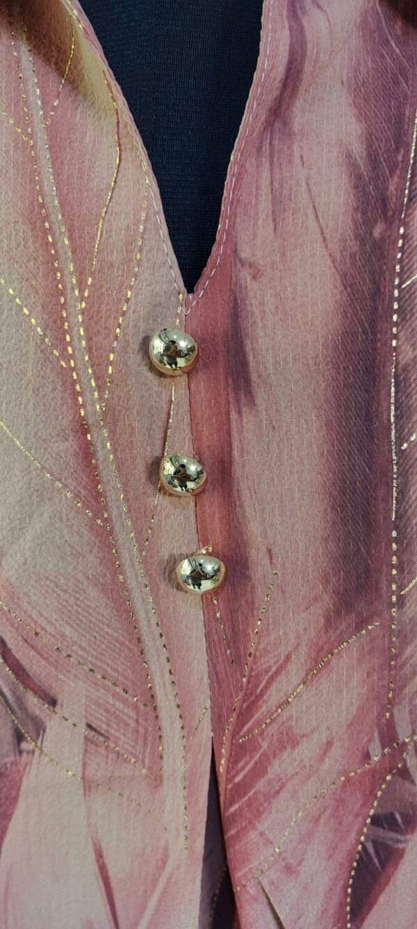 3/4 sleeve coral top with golden buttons and collared neckline