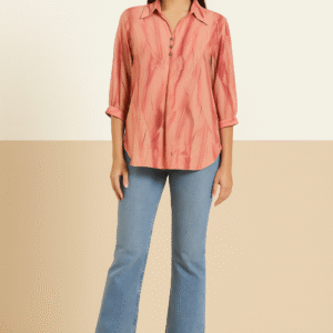 3/4 sleeve coral top with golden buttons and collared neckline