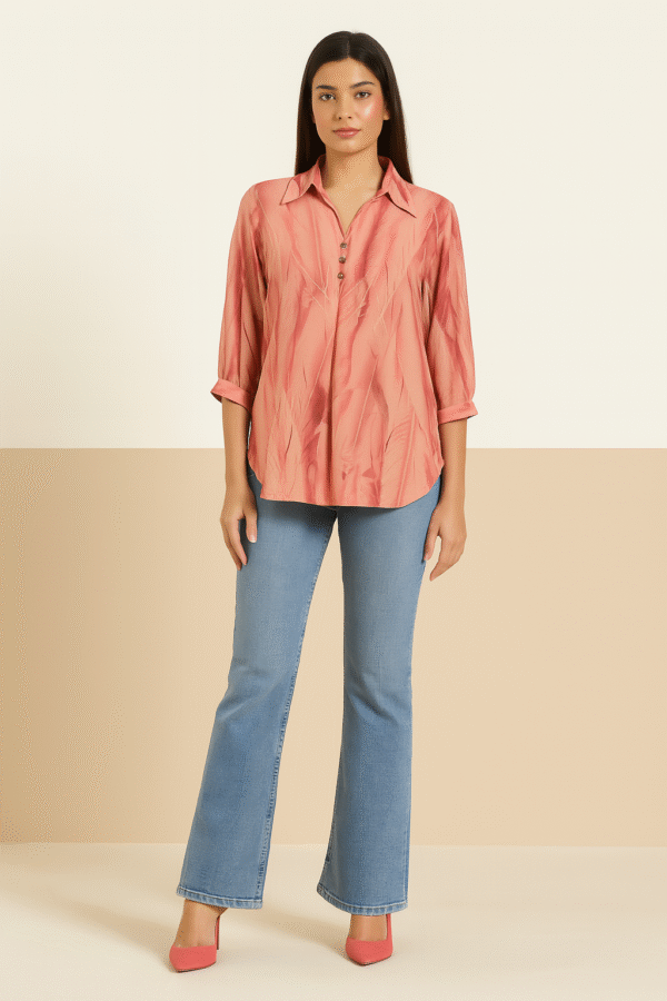 3/4 sleeve coral top with golden buttons and collared neckline
