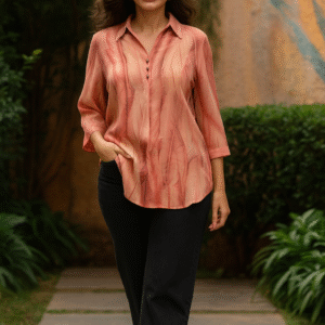 3/4 sleeve coral top with golden buttons and collared neckline