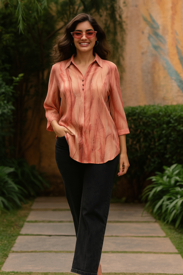 3/4 sleeve coral top with golden buttons and collared neckline