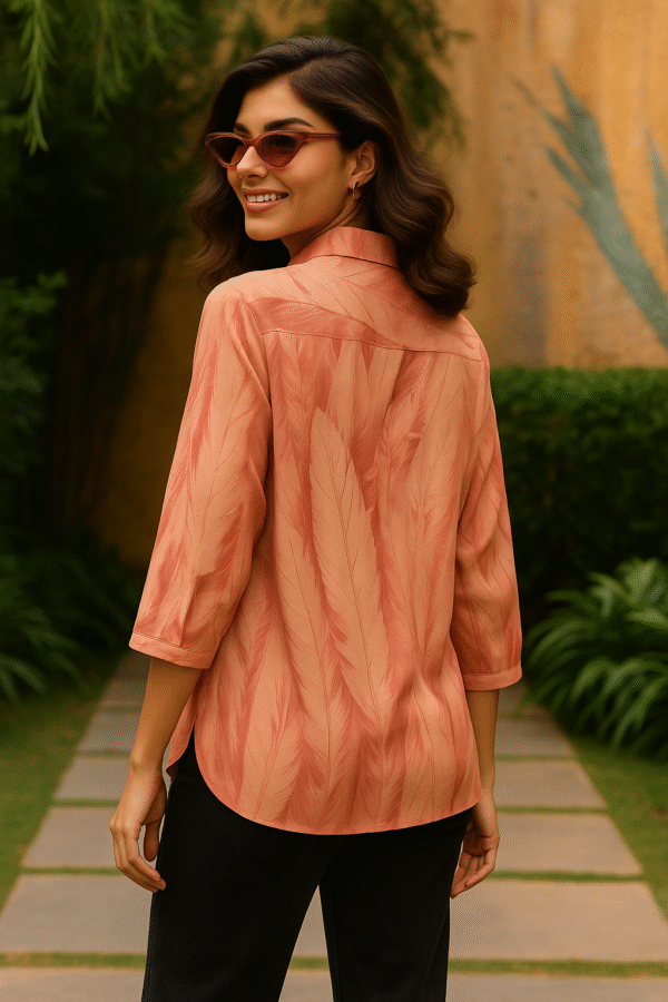 3/4 sleeve coral top with golden buttons and collared neckline