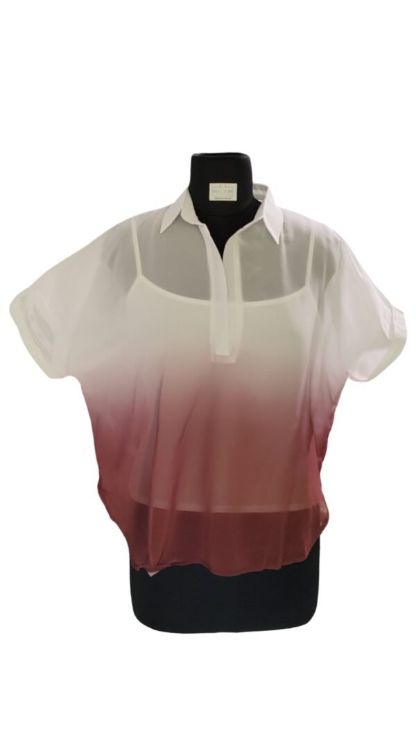 Close-up of ivory to wine red ombre gradient shirt