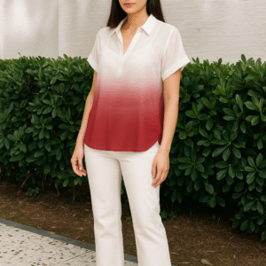 Model wearing Sunset Ombre Flow Shirt with white pants and sneakers