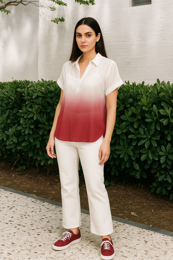 Model wearing Sunset Ombre Flow Shirt with white pants and sneakers